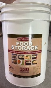 lot 81 image: Chefs Banquet Emergency Rations Food Storage 330 Servings Just Add Water 23 lbs 13 oz in Sealed 5 gallon Bucket