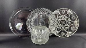 lot 83 image: (3) Pressed and Cut Glass Platters (approximately 13 inches diameter) and Pumpkin Jar