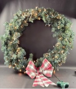 lot 89 image: LARGE (approximately 30 inch diameter)Quality Holiday Wreath with Warm White Lights and Red Plaid Bow