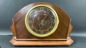 lot 90 image: Seth Thomas Mantel Clock with Brass Bezel and Arched Wood Case Wired for Electrical Function (untested)