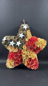 lot 107 image: Floral Star Ornament with White Stars and Multi-Color Wood Flowers Approximately 11 inches diameter