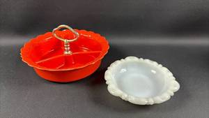 lot 108 image: Orange MCM Ceramic Divided Serving Dish with Handle & Milk Glass White Dish