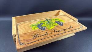 lot 118 image: Windsor Vineyards Wooden Sliding Lid Box with Grape Illustration Approximately 12 inch by 7 by 4.5