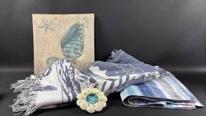 lot 125 image: Cozy Costal Cottage Decor Table Runner, Lighthouse Throw Blanket, Photo Ornament and Wall Decor