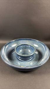 lot 136 image: Blue Ceramic Chip and Dip Serving Dish with Center Bowl 11 and 5 Diameter