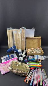 lot 144 image: Craft Supplies Lot Hot Glue Gun, Markers, Pens Sequin Pouches Lip Gloss Bottles and Wood Dowels