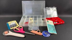 lot 202 image: Sewing Supply Kit with Storage Boxes Scissors Needles Thread Buttons