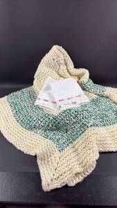 lot 203 image: Knubby Knit Blanket in Cream with Teal Stripe and Cottage Chic Pillowcases