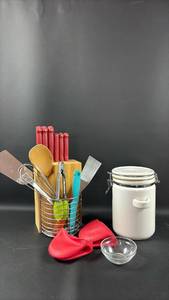 lot 205 image: Kitchen Bundle with Utensil Holder with Built In Timer and Knife Block, Bee House Brand Airtight Storage Jar, and Accessories