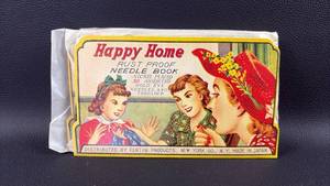 lot 210 image: (3) Vintage Happy Home Rust Proof Needle Book 50 Assorted Gold Eye Needles and Threader