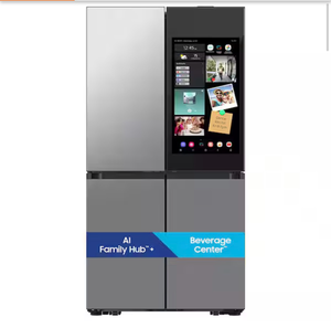 lot 20 image: Samsung Bespoke 36in. 29cu.ft. Standard Depth 4-Door Flex French Door Refrigerator in Stainless Steel wCharcoal Family Hub Plus - Retail $4,999