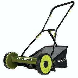 lot 52206 image: Sun Joe 16  Manual Reel Mower with Grass Catcher and Adjustable Cutting Height  MJ500M - Retail $109