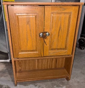 lot 52217 image: Wood Cabinet with Two Doors and Open Shelf - Retail $75