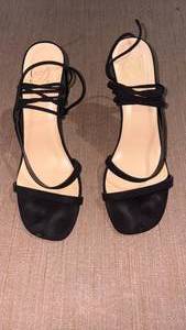 lot 52235 image: Black open-toe block heel sandals with ankle wrap ribbon ties- Retail $39