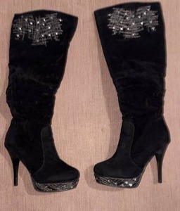 lot 52239 image: Black Calf-High Boots with Sequin Cuff and Platform Heel Pair size 6.5 - Retail $69