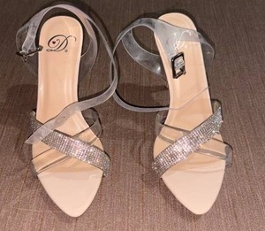 lot 52240 image: Pair of Nude Heeled Sandals with Rhinestone Straps and Clear Ankle Straps size 6.5  - Retail $59