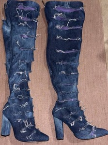 lot 52244 image: Distressed Denim Thigh-High Boots with Block Heel Pair size 6.5  - Retail $79