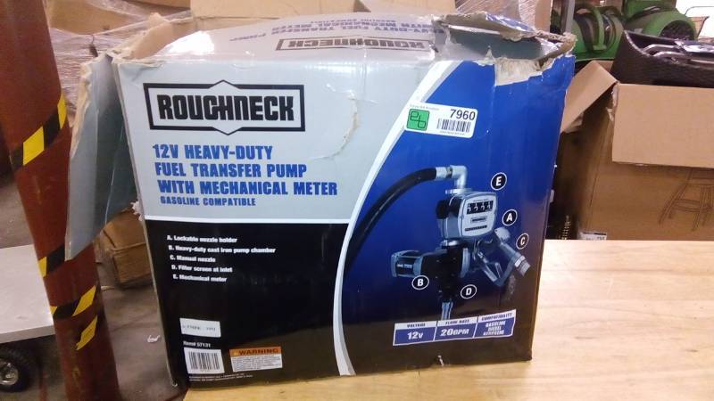 lot 7960 image: Roughneck Heavy-Duty Fuel Transfer Pump with Mechanical Meter  20 GPM, 12 Volt DC, Manual Nozzle, Gasoline Compatible