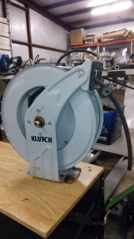 lot 7961 image: Klutch Auto Rewind Air Hose Reel  With 38in. x 50ft. NBR Rubber Hose, Dual Arm, Max. 300 PSI