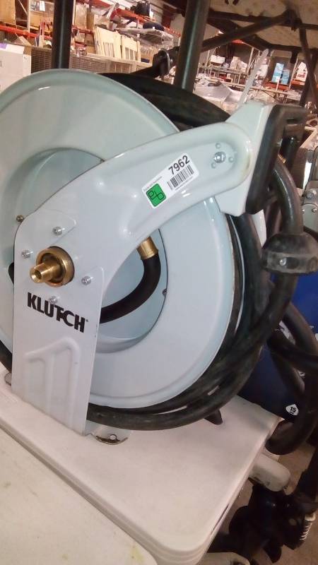 lot 7962 image: Klutch Auto Rewind Air Hose Reel  With 12in. x 50ft. NRB Rubber Hose, Max. 300 PSI