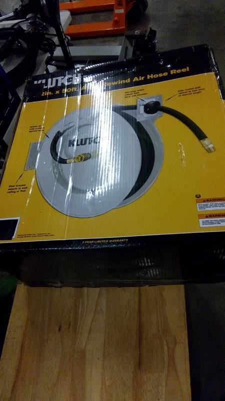 lot 7972 image: Klutch Heavy-Duty Auto Rewind Air Hose Reel  With 12in. x 50ft. Rubber Hose, Max. 300 PSI
