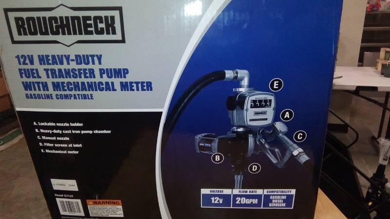 lot 7982 image: Roughneck Heavy-Duty Fuel Transfer Pump with Mechanical Meter  20 GPM, 12 Volt DC, Manual Nozzle, Gasoline Compatible