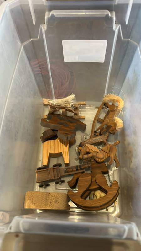 lot 60663 image: Handcrafted Wooden Horse and Wagon Figurine Set