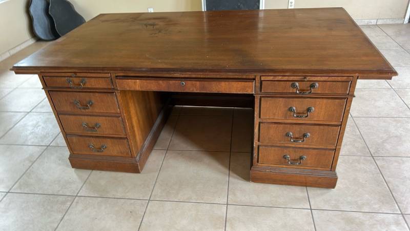 lot 60680 image: Large Wood Executive Pedestal Desk with Brass Hardware 72x43x30  Already taken apart and moved to garage