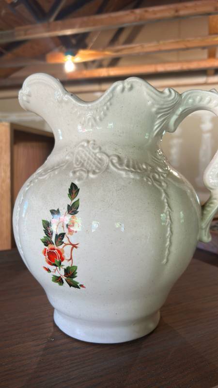 lot 6483 image: White Ceramic Pitcher with Floral Decal