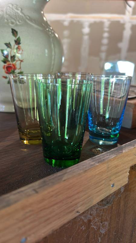 lot 6487 image: Set of 4 Multi-Color MCM Ribbed Glass shot glasses