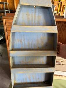lot 102 image: Blue Painted Wood Shelving Unit 4-Shelf Storage Cabinet