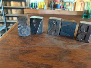 lot 108 image: Letterpress Printing Blocks Mixed Lot of 7 �� Letters A K B and Circular Seal Designs