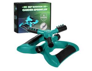 lot 37951 image: Joeys Sprinkler for Yard, Rotating Garden Sprinkler with 3 Adjustable Arms, Weighted Base, Expandable Connection, Lawn and Yard Sprinklers (Green) - Retail $20