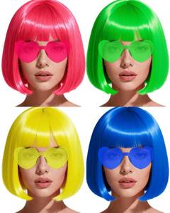 lot 27889 image: Colored Bob Wigs with Heart Sunglasses and Hair Cap- 4 Sets  Pink Blue Yellow Green Short Neon Bob Wig with Bangs Colorful Funny Hair for Women Men Costume Party Favors - Retail $23