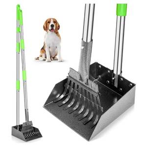 lot 27894 image: Pooper Scooper, Dog Pooper Scooper Long Handle Stainless Metal Tray and Rake for Medium Small Dogs Heavy Duty Pet Supplies to Use for Grass, Dirt or Gravel - Retail $20