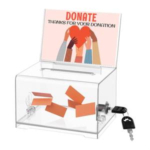 lot 27895 image: Clear Donation Box with Lock & Sign Holder, Versatile for Fundraising, Ballot Voting, Suggestions, and Tips Jar, Secure Storage Design, Size 6.2x4.6x4.0 Inch, Clear 1 Pack - Retail $11