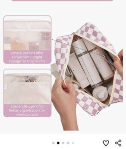 lot 27896 image: Large Checkered Travel Toiletry Bag Women Toiletries Bag Pink Makeup Bag Organizer Make up bag Cosmetic Bag Medicine Bag for Girls (Dusty Rose Checkerboard, Large) - Retail $20