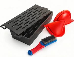 lot 27905 image: Cast Iron Smoker Box - Smoker Box for Wood Chips with Silicone Mitts and Cleaning brush,2-In-1 Rack and Tray Grill Accessories for Charcoal & Gas Grills (11.37 x 4.44 x 2.17) - Retail $24