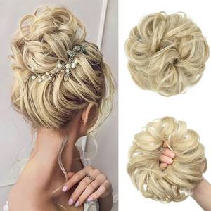 lot 27907 image: CJL HAIR Large Messy Bun Hair Piece Wavy Curly Scrunchies Synthetic Chignon Ponytail Hair Extensions Thick Updo Hairpieces for Women Ash Blonde - Retail $10