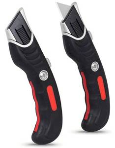 lot 27913 image: INTERNETS BEST Ergonomic Utility Knife Set  Retractable Box Cutter with Rubber Handle  For Cutting Cardboard, Carpet & Plastic  Blade Storage in Handle  Includes 2 Razor Knives  - Retail $25