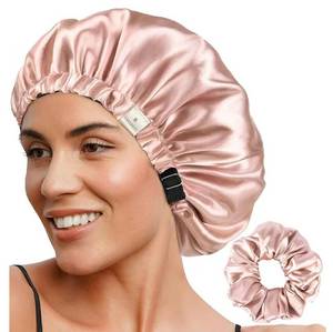 lot 27934 image: Adjustable Satin Bonnet Double Layer Hair Bonnet for Sleeping Bonnets for Women Hats Curly Natural Hair, Blush Pink HAIR TIE NOT INCLUDED - Retail $14