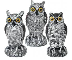 lot 27951 image: 3-Pack Owl Decoys for Bird Deterrent - Weatherproof Bird Repellent Devices for Outdoor Use - Plastic Owls to Scare Birds Away and Control Garden Pests. - Retail $28