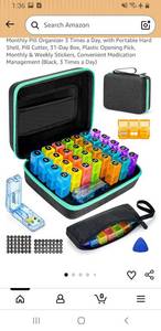 lot 27955 image: Monthly Pill Organizer 3 Times a Day, with Portable Hard Shell, Pill Cutter, 31-Day Box, Plastic Opening Pick, Monthly & Weekly Stickers, Convenient Medication Management - Retail $20