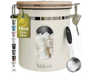 lot 27956 image: Coffee Sugar Canister with Window, Airtight Stainless Steel Kitchen Food Storage Container with Lids, Date Tracker and Scoop for Grounds Coffee, Beans, Tea, Flour, Cereal Jars, 16OZ, Cream. - Retail $32
