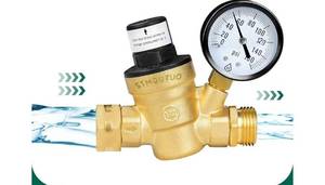 lot 27974 image: RV Water Pressure Regulator, Brass Lead-Free Adjustable Water Pressure Reducer with Pressure Gauge - Retail $25