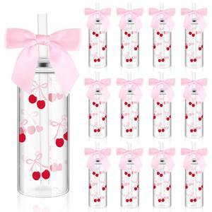 lot 27978 image: 12 Pcs Pink Bow Plastic Bottle Bulk Cherry Pink Plastic Cups with Straw Lid and Twist Bow Cute Inspired Retro Reusable Bottles for Birthday Party Wedding Friend Women Drinkware - Retail $27