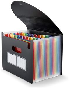 lot 27981 image: Expanding File Folder, 24 Pocket Accordion A4 Letter Size Portable Document Organizer with Colored Tabs, Expandable Bill Coupon Folder - Black - Retail $15