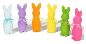 lot 28003 image: 6 Pcs Easter Decorations Flocked Bunnies Figurine with Bow tie 8.8 Flocking Rabbit Tabletop Ornament for Easter Centerpieces for Spring Home Office Table Decor - Retail $16