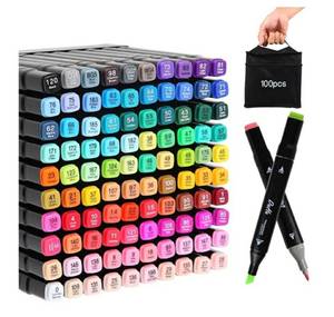 lot 28006 image: 100 Colors Alcohol Markers Set, Dual Tips Blender Art Markers for Drawing Sketching Coloring Artist Pens and Underlining, Professional Permanent Sketch Markers for Kids Adult Coloring - Retail $20