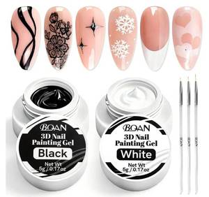 lot 28011 image: Nail Art Gel Paint Set, Black & White No Wipe Gel PolishFrench Tip Design Stamping & Ombre Effects  Pattern Flower Designs  Fine Line Drawing  3D Embossed Art  UVLED Cured - Retail $8